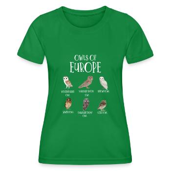Eulenarten, Eulen & Kauze, Eule Fan - Frauen Funktions-T-Shirt - Kelly Green - Vorne - AI Model Female 172 dark (172cm)