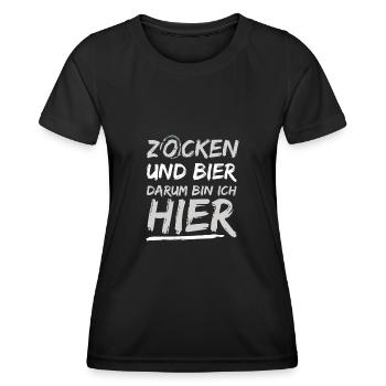 Zocken Und Bier Darum Bin Ich Hier Lustiges - Frauen Funktions-T-Shirt - Schwarz - Vorne - AI Model Female 172 light (172cm)