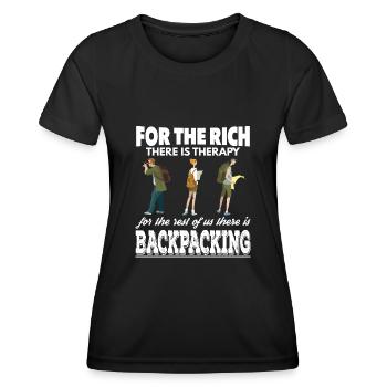 Reiche haben Therapie Wir sind Backpacker - Frauen Funktions-T-Shirt - Schwarz - Vorne - AI Model Female 172 light (172cm)