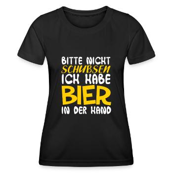 Bitte nicht schubsen Ich habe Bier in der Hand - Frauen Funktions-T-Shirt - Schwarz - Vorne - AI Model Female 172 light (172cm)