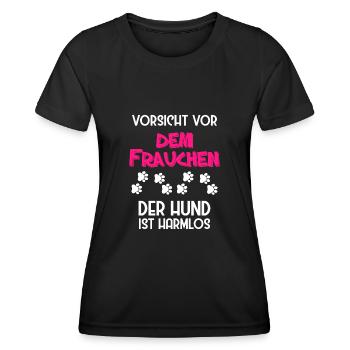 Vorsicht vor dem Frauchen der Hund ist harmlos - Frauen Funktions-T-Shirt - Schwarz - Vorne - AI Model Female 172 light (172cm)