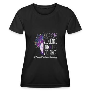 Stop à la violence en | Sensibilisation à la violence domestique - T-shirt sport Femme - noir - Devant - AI Model Female 172 light (172cm)