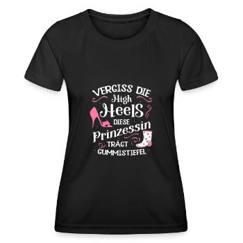 Vergiss High Heels Prinzessin Trägt Gummistiefel - Frauen Funktions-T-Shirt - Schwarz - Vorne - AI Model Female 172 light (172cm)