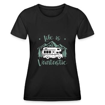 Van Life Motorhome Camping Freugeist Travel - Women's Functional T-Shirt - black - Front - AI Model Female 172 light (172cm)