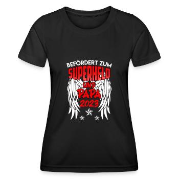 Superheld und Papa 2023 werdender Papa - Frauen Funktions-T-Shirt - Schwarz - Vorne - AI Model Female 172 light (172cm)