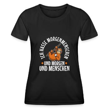 Müdes Faultier mit Kaffee und dem Spruch: Ich hass - Frauen Funktions-T-Shirt - Schwarz - Vorne - AI Model Female 172 light (172cm)
