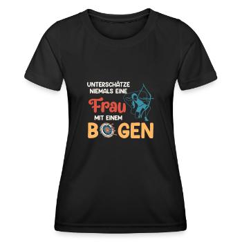 Unterschätze nie Frau mit Bogen Bogenschießen - Frauen Funktions-T-Shirt - Schwarz - Vorne - AI Model Female 172 light (172cm)