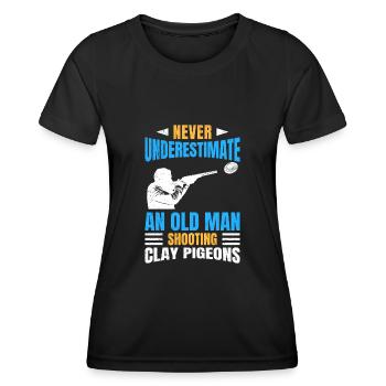 Ne sous-estimez jamais le vieil homme dans le tir au pigeon d’argile - T-shirt sport Femme - noir - Devant - AI Model Female 172 light (172cm)