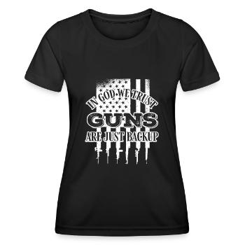 En Dieu, nous avons confiance, les armes ne sont que des sauvegardes - T-shirt sport Femme - noir - Devant - AI Model Female 172 light (172cm)