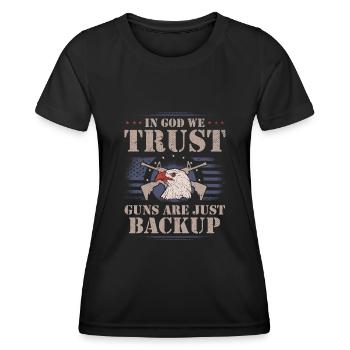 En Dieu, nous avons confiance, les armes ne sont que des sauvegardes - T-shirt sport Femme - noir - Devant - AI Model Female 172 light (172cm)