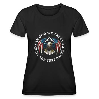 En Dieu, nous avons confiance, les armes ne sont que des sauvegardes - T-shirt sport Femme - noir - Devant - AI Model Female 172 light (172cm)