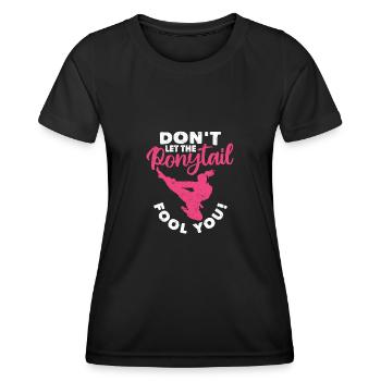 Ne vous laissez pas berner par la queue de cheval Funny - T-shirt sport Femme - noir - Devant - AI Model Female 172 light (172cm)