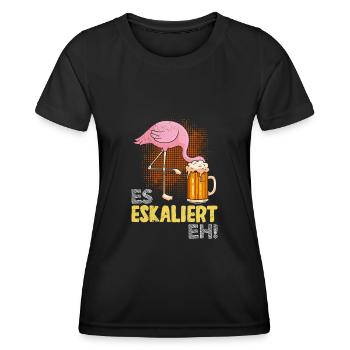Es eskaliert eh Biertrinker Flamingo Malle - Frauen Funktions-T-Shirt - Schwarz - Vorne - AI Model Female 172 light (172cm)