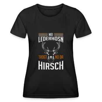 mei lederhosn trogt no da hirsch - Frauen Funktions-T-Shirt - Schwarz - Vorne - AI Model Female 172 light (172cm)