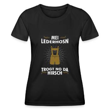 mei lederhosn trogt no da hirsch - Frauen Funktions-T-Shirt - Schwarz - Vorne - AI Model Female 172 light (172cm)