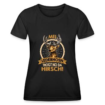 Mei Lederhosn trägt no da Hirsch Herren Bayern - Frauen Funktions-T-Shirt - Schwarz - Vorne - AI Model Female 172 light (172cm)