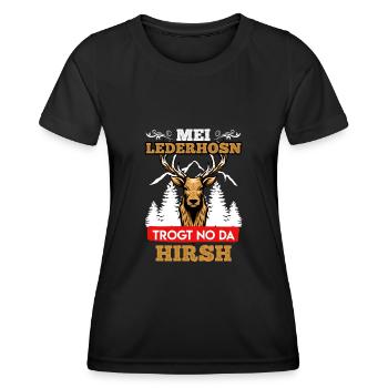Mei Lederhosn trogt no da Hirsch Bayern - Frauen Funktions-T-Shirt - Schwarz - Vorne - AI Model Female 172 light (172cm)