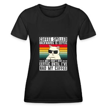 Coffee spelled backwards is Eeffoc - Spruch - Frauen Funktions-T-Shirt - Schwarz - Vorne - AI Model Female 172 light (172cm)