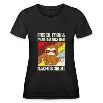 Frisch froh und munter aus der Nachtschicht! Pfleg - Frauen Funktions-T-Shirt - Schwarz - Vorne - AI Model Female 172 light (172cm)