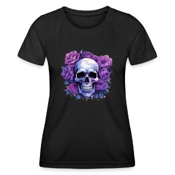 Fleurs éternelles - Crâne et roses violettes - T-shirt sport Femme - noir - Devant - AI Model Female 172 light (172cm)
