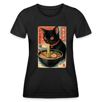 Asia Cat Eating Ramen Illustration - Frauen Funktions-T-Shirt - Schwarz - Vorne - AI Model Female 172 light (172cm)