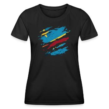 Kongo - Nationalfahne, Kratzer, Risse - Frauen Funktions-T-Shirt - Schwarz - Vorne - AI Model Female 172 light (172cm)