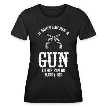 Gun Pistol Gun Woman - Race or Marry - Women's Functional T-Shirt - black - Front - AI Model Female 172 light (172cm)