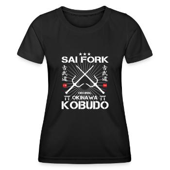 Sai Gabel Kobudo Okinawa Design - Frauen Funktions-T-Shirt - Schwarz - Vorne - AI Model Female 172 light (172cm)