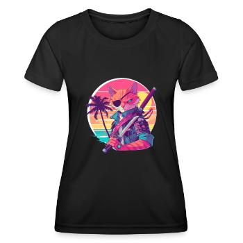 Chat samouraï des années 80 Style Vintage - T-shirt sport Femme - noir - Devant - AI Model Female 172 light (172cm)