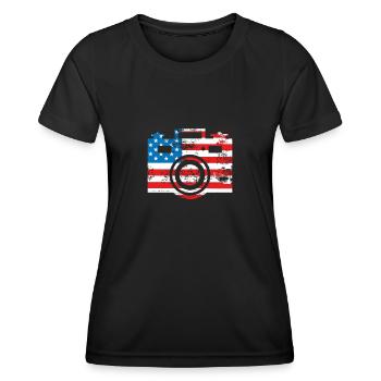 Kamera Usa-flagge - Frauen Funktions-T-Shirt - Schwarz - Vorne - AI Model Female 172 light (172cm)