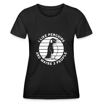 Lustiger Spruch "I Like Penguins" mit Pinguin-Moti - Frauen Funktions-T-Shirt - Schwarz - Vorne - AI Model Female 172 light (172cm)