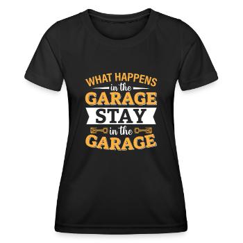 Mechanic - What Happens In The Garage Stays In The - Frauen Funktions-T-Shirt - Schwarz - Vorne - AI Model Female 172 light (172cm)