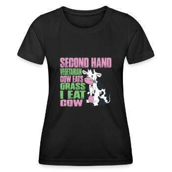 Second Hand Vegetarian, Cow Eats Grass, I Eat Cow - Frauen Funktions-T-Shirt - Schwarz - Vorne - AI Model Female 172 light (172cm)