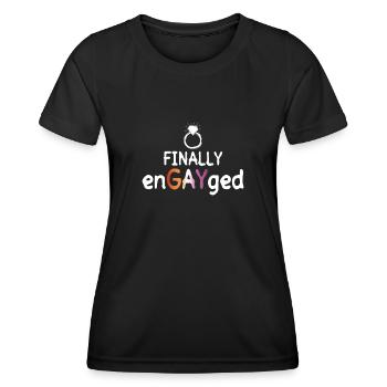 Endlich EnGAYged - Lesbische Hochzeit - Homo-Ehe - Frauen Funktions-T-Shirt - Schwarz - Vorne - AI Model Female 172 light (172cm)
