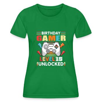 Geburtstag Gamer Level 15 Unlocked 15 - Frauen Funktions-T-Shirt - Kelly Green - Vorne - AI Model Female 172 dark (172cm)