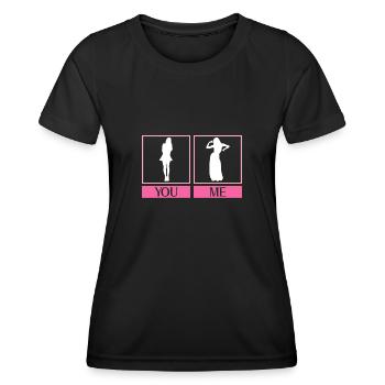 Elle: Femme normale Moi: Danseuse du ventre - Danseuse du ventre - T-shirt sport Femme - noir - Devant - AI Model Female 172 light (172cm)
