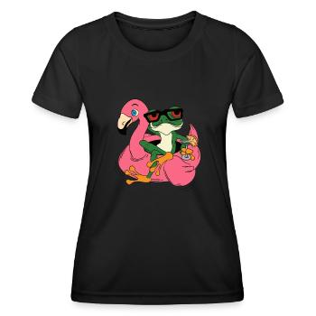 Red Eyed Tree Frog mit Cocktail auf Flamingo - Frauen Funktions-T-Shirt - Schwarz - Vorne - AI Model Female 172 light (172cm)