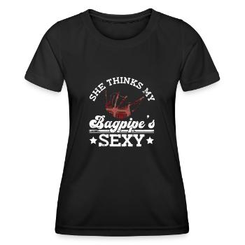 Sie denkt, mein Dudelsack ist sexy - Dudelsack - Frauen Funktions-T-Shirt - Schwarz - Vorne - AI Model Female 172 light (172cm)