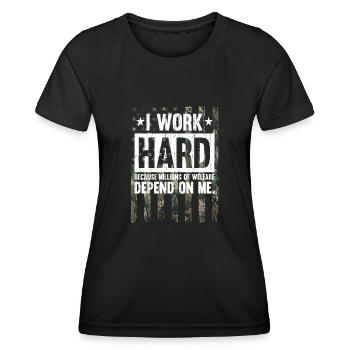 I Work Hard Camo American Flag Veteran Military - Frauen Funktions-T-Shirt - Schwarz - Vorne - AI Model Female 172 light (172cm)