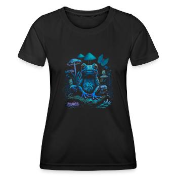 Psychedelic Hippie Frog Surrounded By Mushrooms - Frauen Funktions-T-Shirt - Schwarz - Vorne - AI Model Female 172 light (172cm)