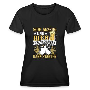 Schlagzeug und Bier das Wochenende kann starten - Frauen Funktions-T-Shirt - Schwarz - Vorne - AI Model Female 172 light (172cm)