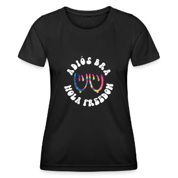 Adiós Bra - Hola Freedom - Teinture Cravate Hippie - T-shirt sport Femme - noir - Devant - AI Model Female 172 light (172cm)