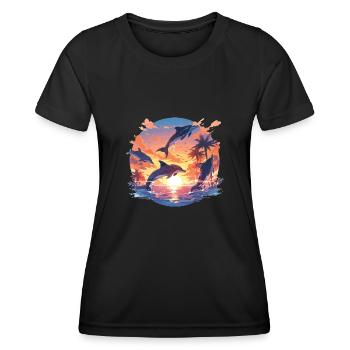 Les dauphins définissent la nage avec les dauphins au coucher du soleil - T-shirt sport Femme - noir - Devant - AI Model Female 172 light (172cm)