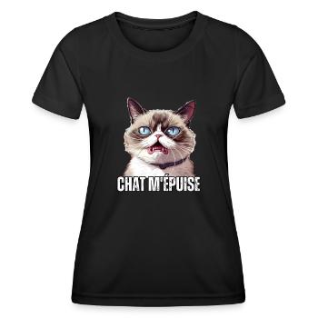 chat m'épuise jeu de mot humour fatigué démotivé - T-shirt sport Femme - noir - Devant - AI Model Female 172 light (172cm)