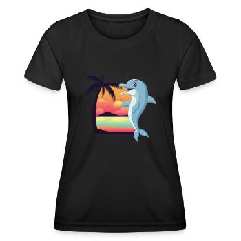 Dolphin Beach Palm Tree Sunset - Frauen Funktions-T-Shirt - Schwarz - Vorne - AI Model Female 172 light (172cm)