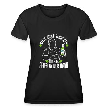 Bitte nicht schubsen ich hab Pfeffi in der Hand - Frauen Funktions-T-Shirt - Schwarz - Vorne - AI Model Female 172 light (172cm)