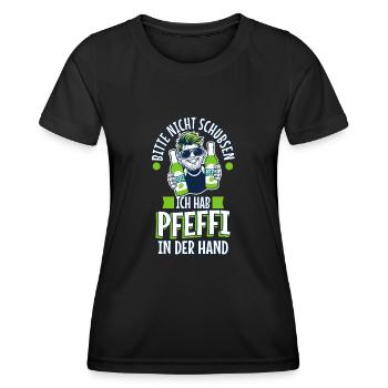 Bitte nicht schubsen ich hab Pfeffi in der Hand - Frauen Funktions-T-Shirt - Schwarz - Vorne - AI Model Female 172 light (172cm)