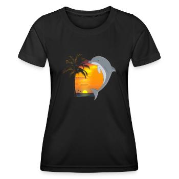 Dolphin Beach Palm Tree Sunset - Frauen Funktions-T-Shirt - Schwarz - Vorne - AI Model Female 172 light (172cm)