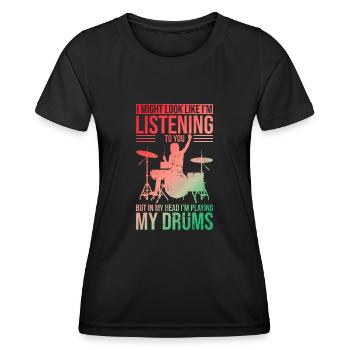 Schlagzeug T-Shirt mit einzigartiger Schlagzeuggrafik Perfekt - Frauen Funktions-T-Shirt - Schwarz - Vorne - AI Model Female 172 light (172cm)