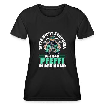 Bitte nicht schubsen ich hab Pfeffi in der Hand - Frauen Funktions-T-Shirt - Schwarz - Vorne - AI Model Female 172 light (172cm)